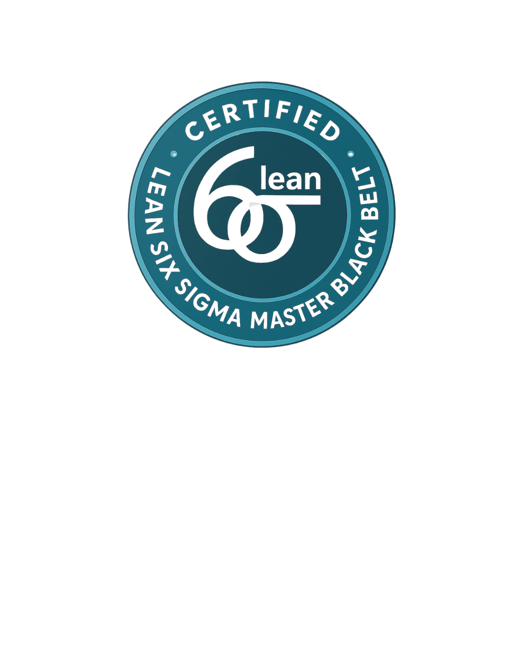 Badge reading 'Certified Lean Six Sigma Master Black Belt' with Lean Six Sigma logo.