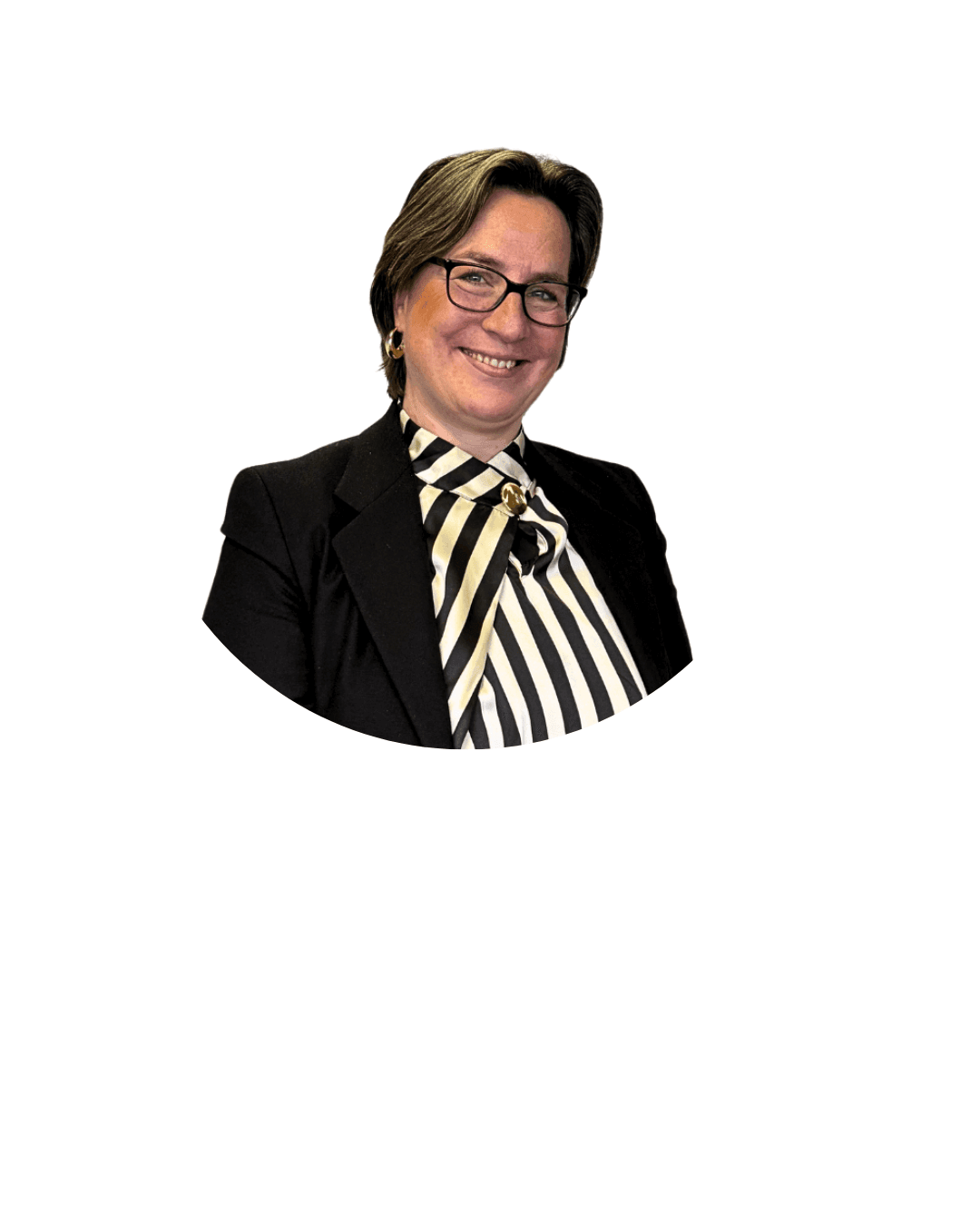 Smiling person in glasses wearing a black jacket and striped shirt, set against a white background.